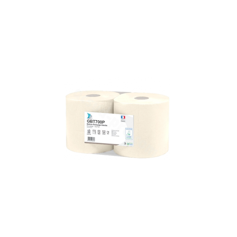 2 Bobines papier essuie main Blanc (20x25cm - 1000 feuilles / rouleau)